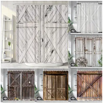 Занавеска для душа на двери сарая в деревенском стиле, серо-белая деревянная доска, декоративные занавески для ванной комнаты в винтажном фермерском доме, крючок для набора полиэфирной ткани