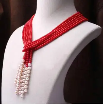 красивое 3-рядное ожерелье из красного коралла и белого жемчуга fine jewelry