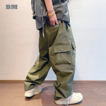 Мешковатые Мужские брюки в стиле Американский хип-хоп, Корейская уличная одежда, брюки-карго с несколькими карманами, свободные Армейские Зеленые брюки для скейтборда Harajuku