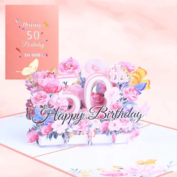 Поздравительная открытка Поздравительная открытка на День рождения Всплывающая открытка Подарочная бумага Розовая с конвертом 1шт 5x7 дюймов для бабушки Высокое качество